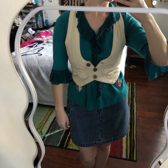 Funky Vintage Teal patchwork blouse with ruffle Peter Pan collar & 3/4 sleeves - Picture 2 of 8